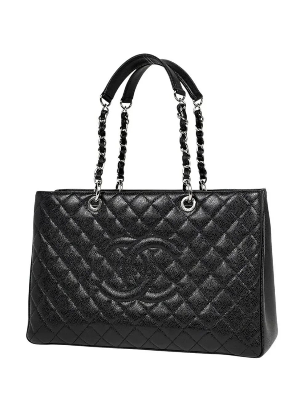 Chanel CC Logo Chain Tote Bag Quilted Caviar Leather Black